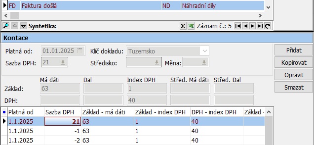 Předpis kontace pro náhradní díly
